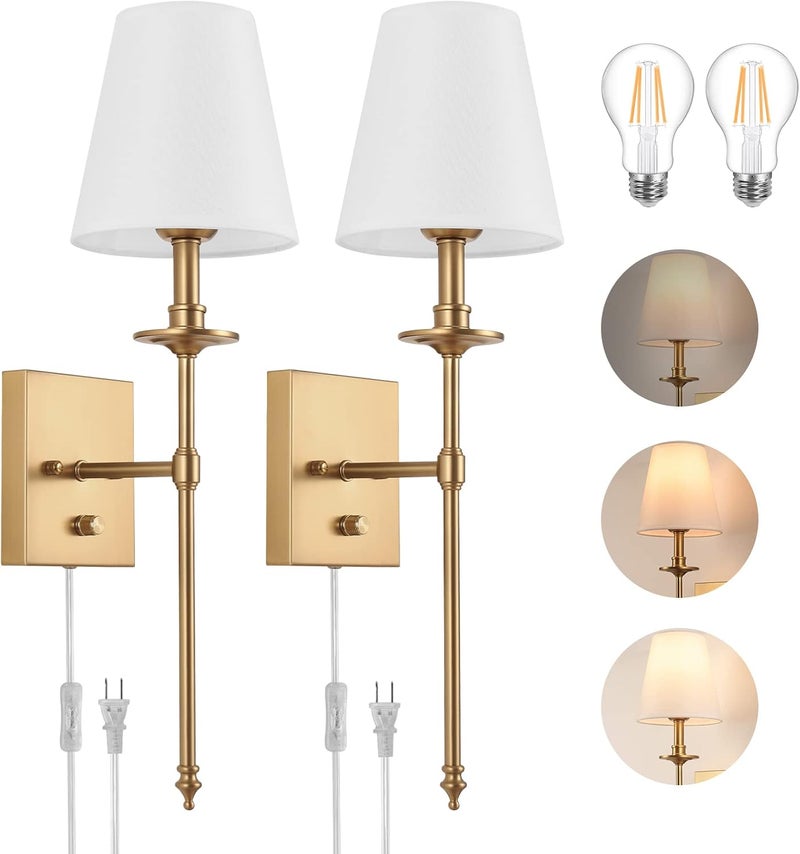 GOODATE Dimmable Wall Sconces Set of Two, Plug in Wall Sconces White Fabric Shade, Wall Lamp for Bedroom, Living room, Plug in Wall Light Sconces Wall Decor Set of 2, LED Bulbs Included, Antique Brass - Image 1